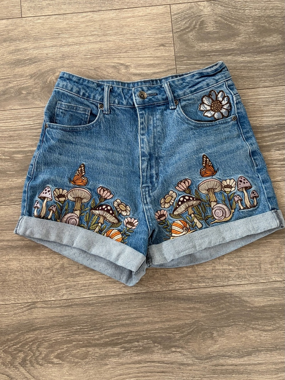 Hot Topic Blue Denim Shorts with Embroidered Mushrooms & Butterflies